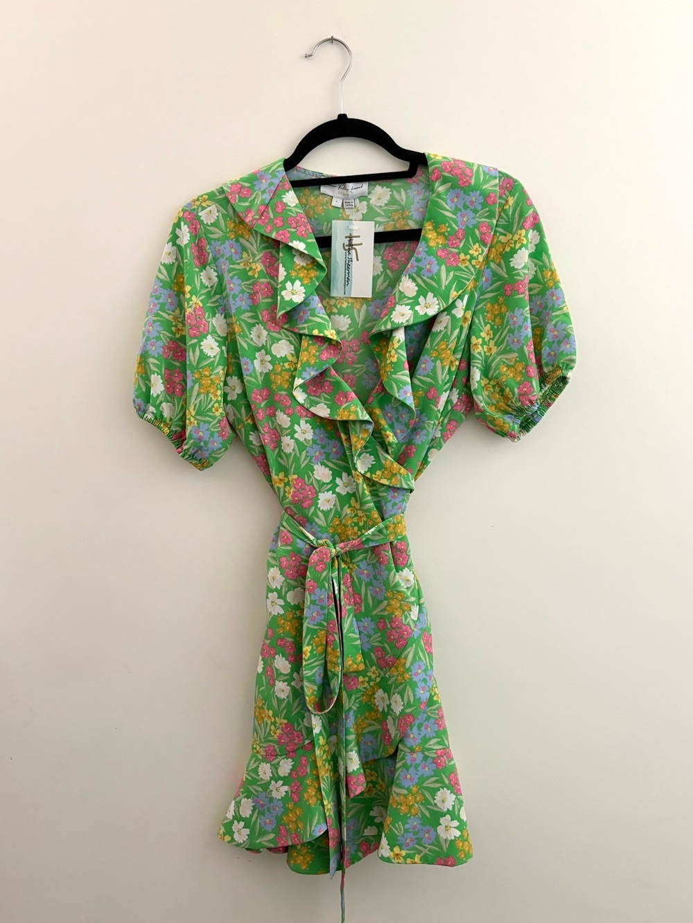 Never Fully Dressed Green Floral Ruffle Wrap Dress